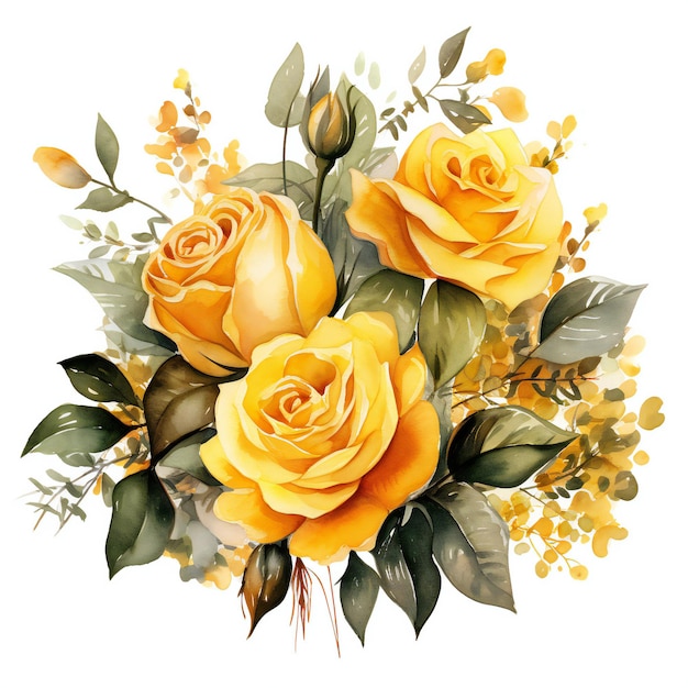 a painting of yellow roses with green leaves and yellow flowers.