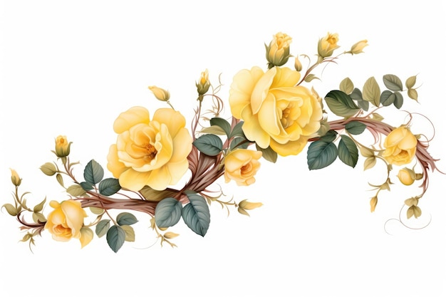 a painting of yellow roses with green leaves.