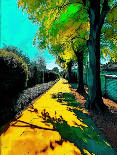 A painting of a yellow sidewalk with a tree on it