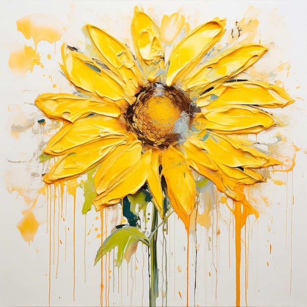 Painting of a yellow sunflower with a dripping paint drip generative ai