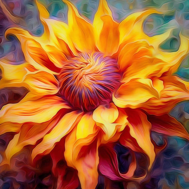 Painting of a yellow sunflower with a purple center generative ai