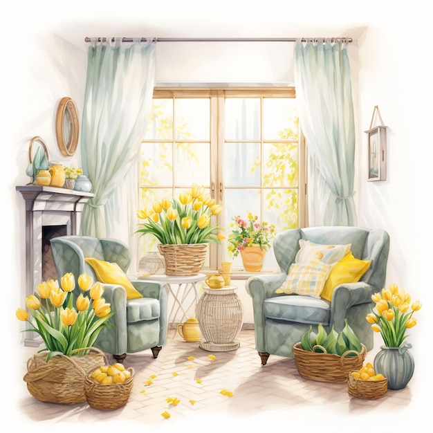 a painting of yellow tulips and a fireplace with a window in the background