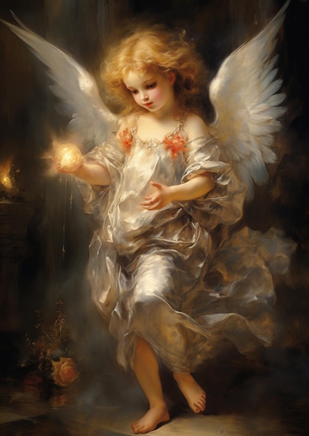 Painting of a young angel holding a candle in a dark room generative ai