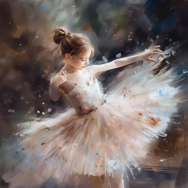 Painting of a young ballerina in a white tutu and a black shoe generative ai