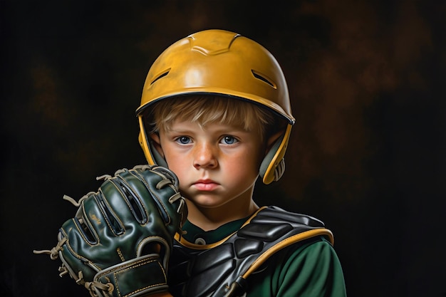 A painting of a young boy wearing a baseball uniform