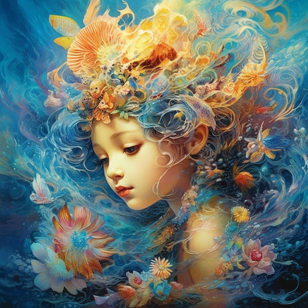 Painting of a young girl with a flower crown and a blue background generative ai