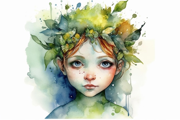 painting of a young girl with a wreath of leaves on her head generative ai