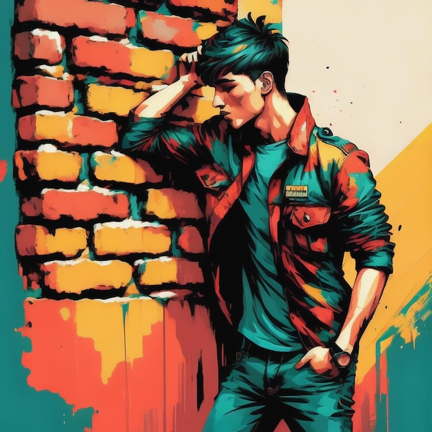 a painting of a young man leaning against a brick wall