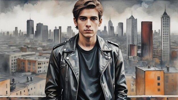 A painting of a young man in a leather jacket standing in front of a cityscape