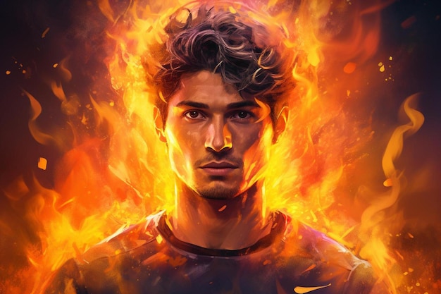 a painting of a young man with a fire on his face
