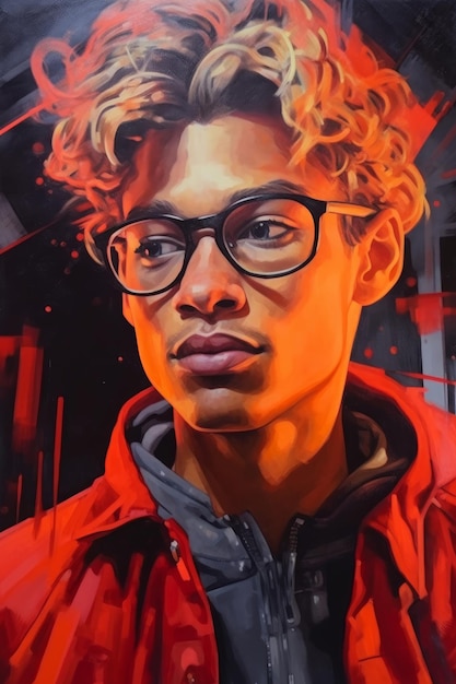 A painting of a young man with glasses and a red jacket.