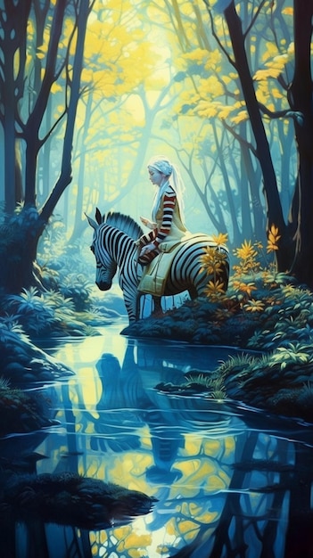 A painting of a zebra and a man on a horse