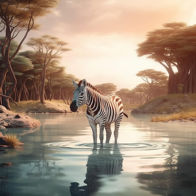 A painting of a zebra in a river with trees in the background.