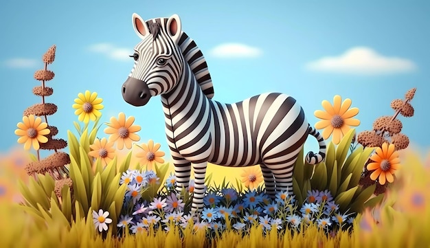 A painting of a zebra standing in a field of flowers.