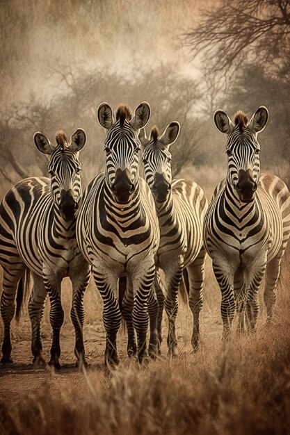 A painting of zebras in a field with the sun shining on them.