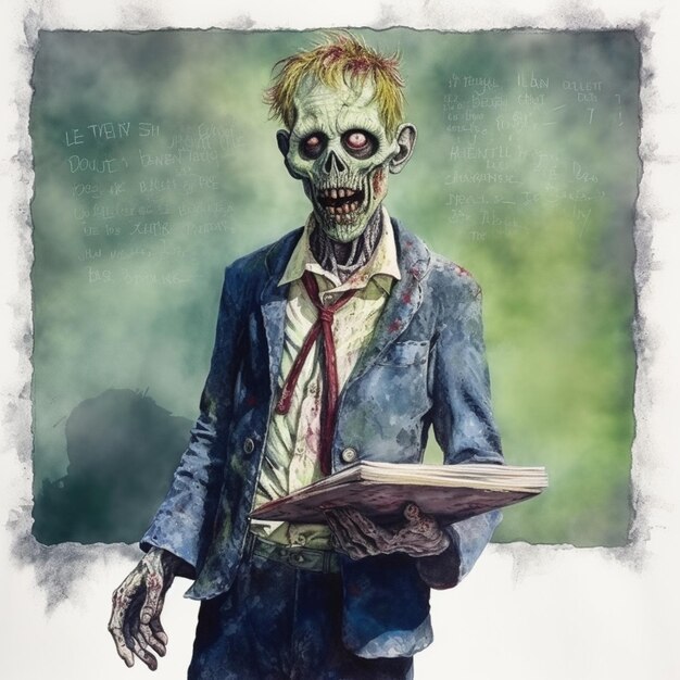Foto dipinto di uno zombie in giacca e cravatta con in mano un libro ai generativa