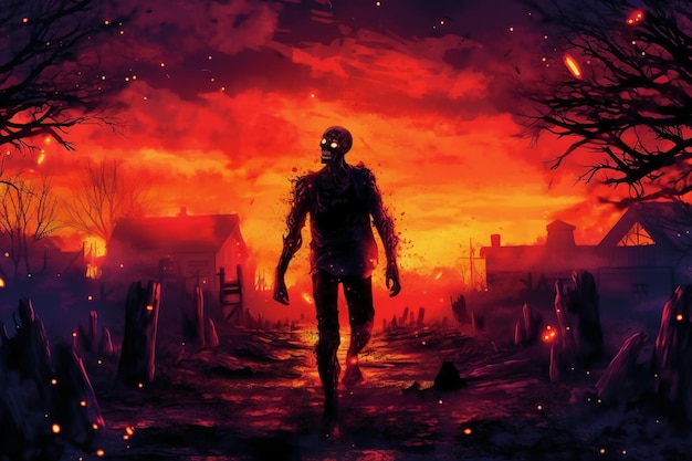 A painting of a zombie walking away from a cemetery.