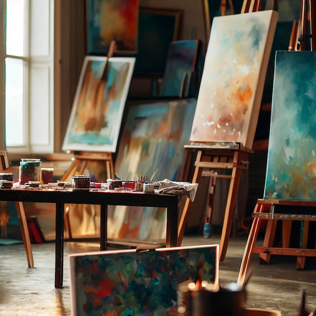 Paintings and art equipment in studio