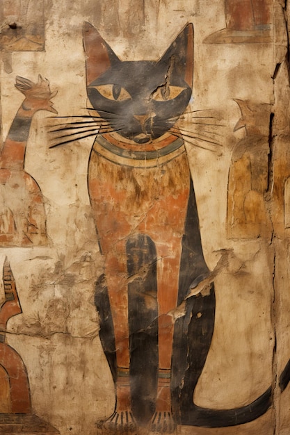 Paintings of cat sculptures and paintings of ancient Egyptian culture