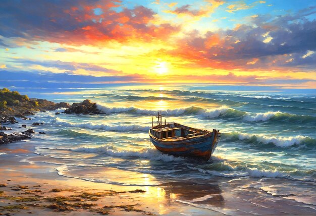 Paintings of the sea and fishermens boats At sunset in the evening