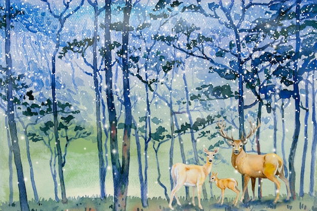 Paintings snow falls in forest winter and deer family.