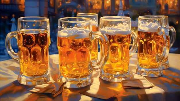 Paintinig of mugs of cold beer in a pub copy space Generated AI