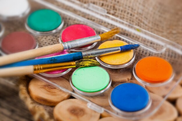 Paints and brushes for painting