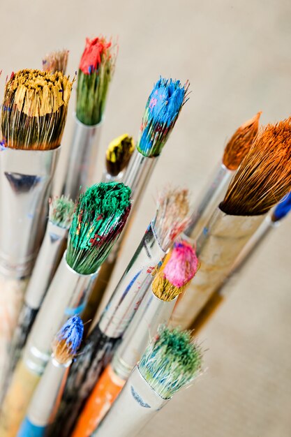 Paints and brushes for painting