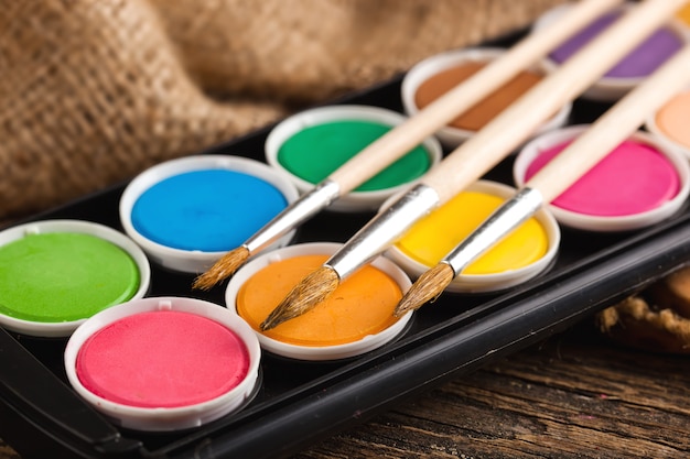 Paints and brushes for painting