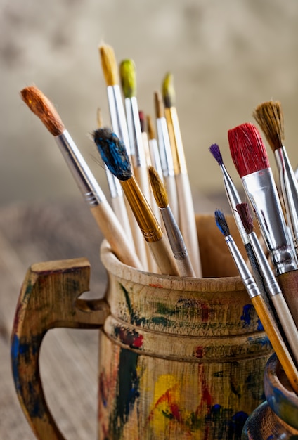 Paints and brushes for painting