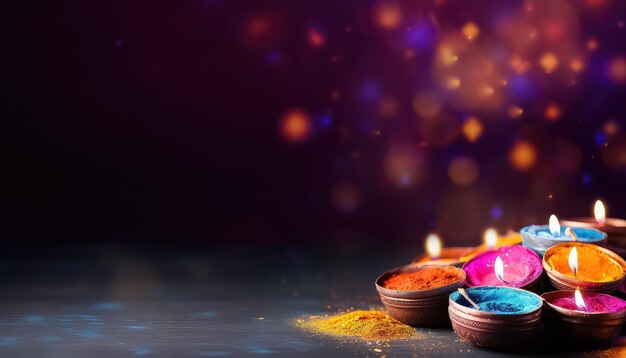 Paints and candle fire in the evening of Diwali happy holi indian concept