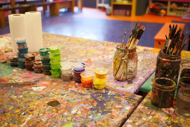 Paints and paint brushes in an artists studio