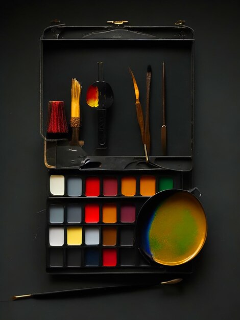 Paints paper sheet and artist's palette on dark background