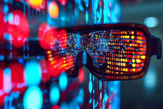Пара 3D-очки помещена на фоне ярких многоцветных огней Бинарный код отражается на паре очков виртуальной реальности