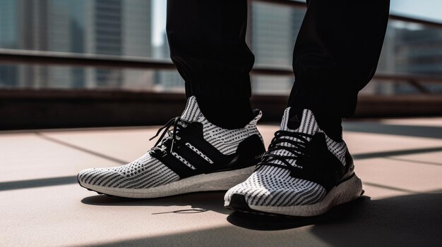 Photo a pair of adidas nmd shoes are shown in black and white.