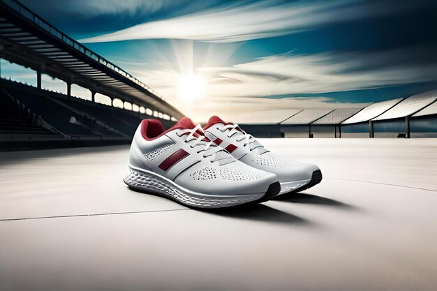 A pair of adidas running shoes are shown in front of a stadium.