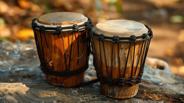 Foto un paio di tamburi djembe africani seduti su una roccia nella foresta i tamburi sono fatti di legno e hanno una corda nera avvolta intorno a loro