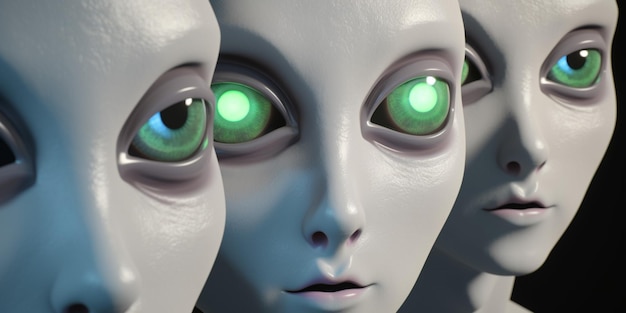 A pair of alien heads with green eyes and a white face with green eyes.