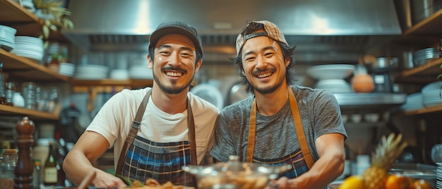 カジュアルな服装を着てエプロンを着た2人の魅力的なアジア人男性が喜びに輝いて自宅のキッチンで一緒に料理をしています