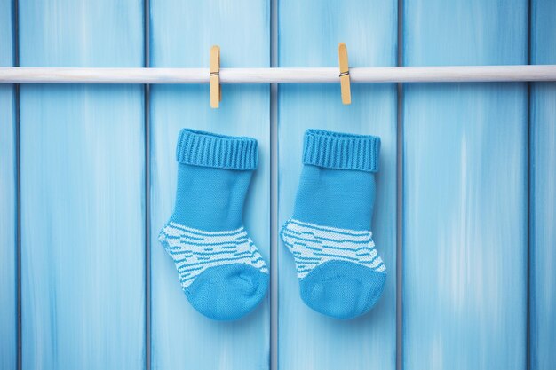 Photo a pair of baby socks hanging on the clothesline on a blue background baby socks hanging on the clot