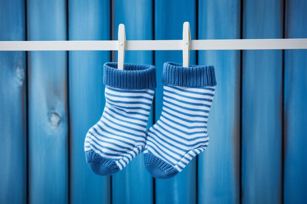 Photo a pair of baby socks hanging on the clothesline on a blue background baby socks hanging on the clot