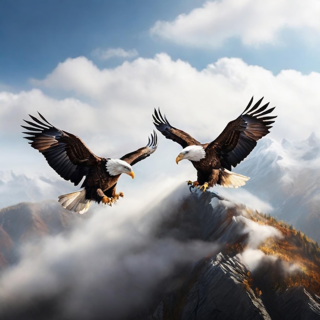 A pair of bald eagles soar above a misty mountain peak their wings casting shadows on the clouds