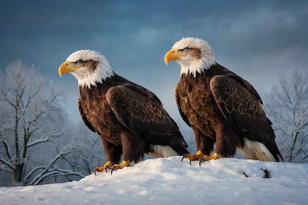 Photo pair of bald eagles in winter scene