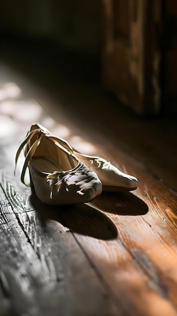 a pair of ballet shoes sitting on a wooden floor