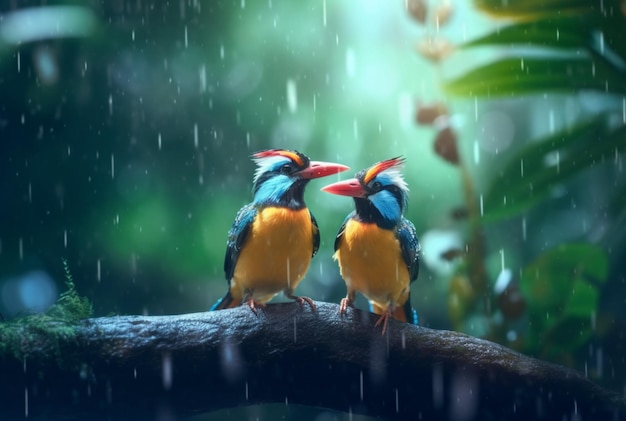 A pair of beautiful birds in the forest with raindrops and nature blurred background generative ai