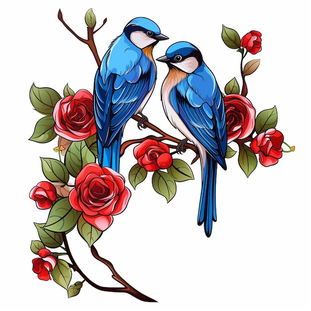 a pair of beautiful birds together between flower branches romantic cartoon