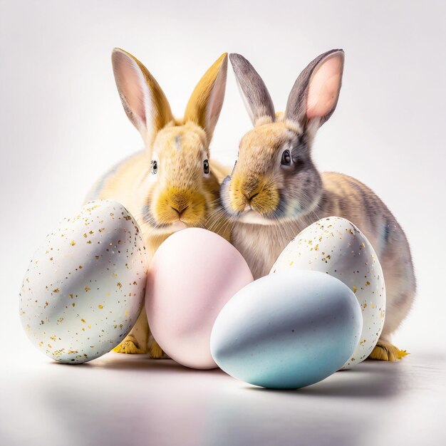 Photo pair of beautiful bunnies with heap of easter eggs on pale blue background