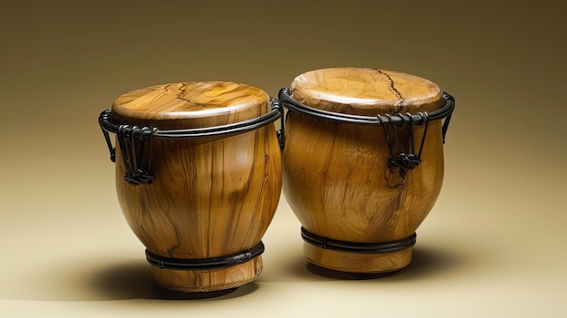 A pair of beautiful handmade wooden bongos with natural wood grain and black rope tuning