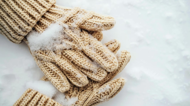 Foto un paio di guanti a maglia beige con la neve su di loro i guanti sono sdraiati su una superficie innevata l'immagine è presa da una prospettiva dall'alto verso il basso