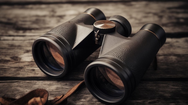 A pair of binoculars on a wooden table